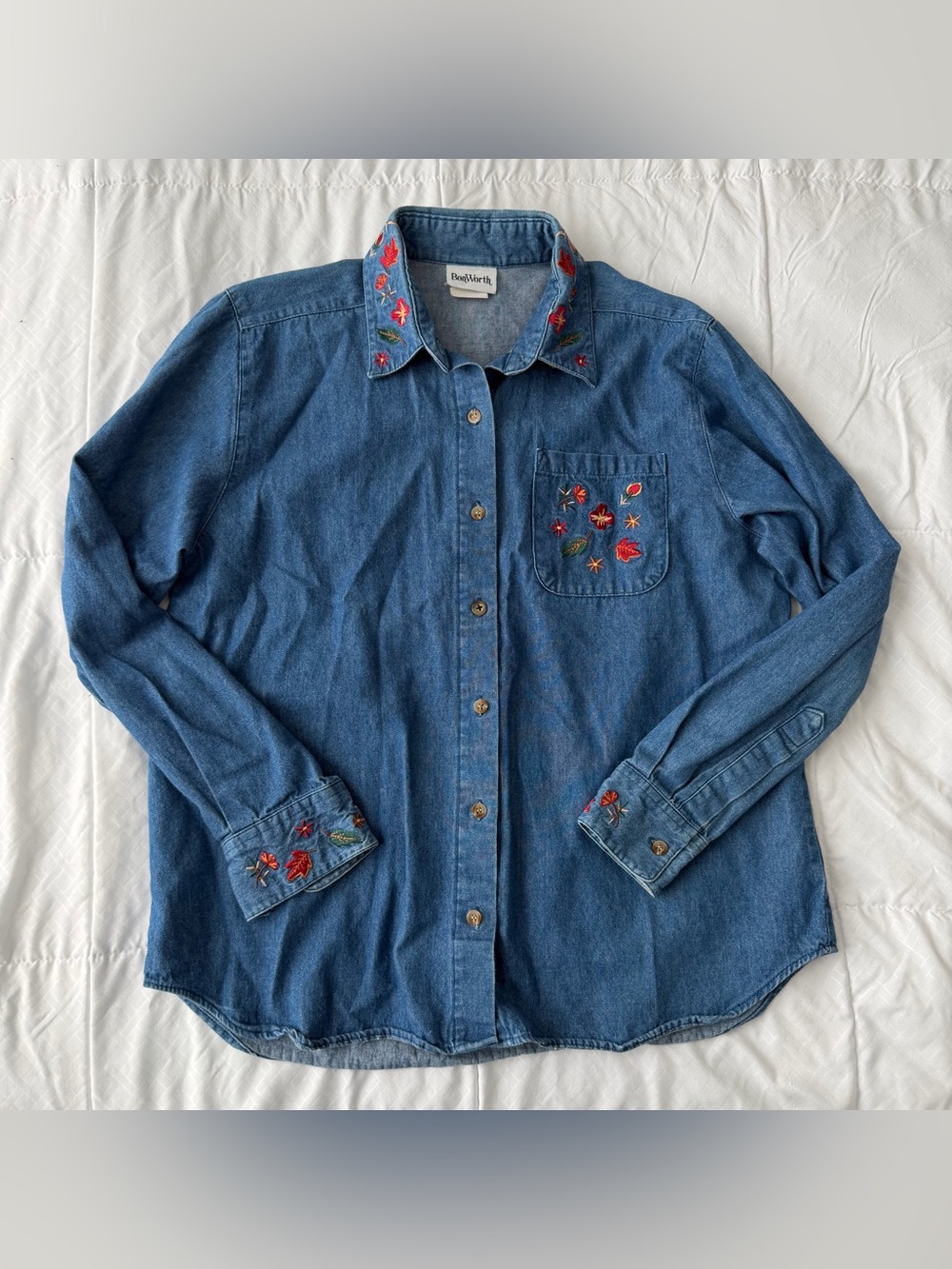 Vintage BonWorth Leaf Embroidered Denim Button Down Shirt M Blue Fall Autumn 90s